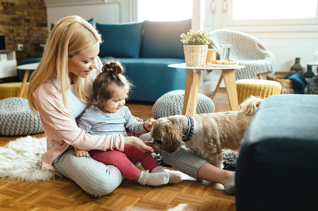 Mother with daughter and dog playing in the living room feeling happy