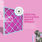 A pink air filter and award badge saying Colorfil air filters as 2023 Odor Remover Product of the Year.